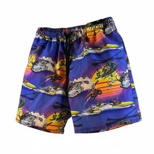 Culprit Swim Trunks Mens XL Purple Multi Dinosaur Synthwave Action Print